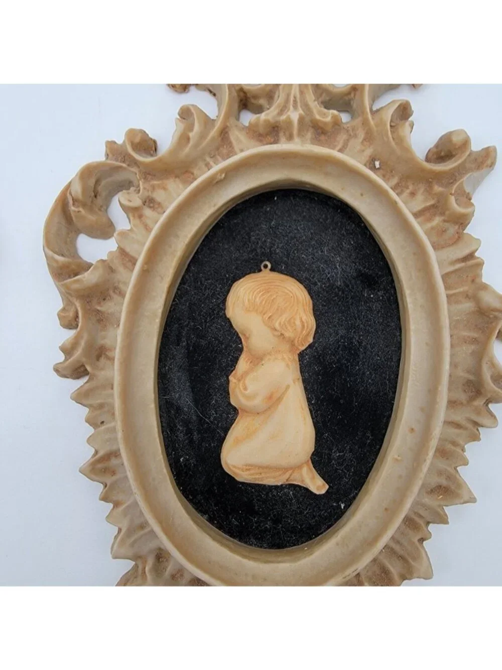 Pair Of Vintage Capodimonte Praying Children Wall Art Plaques With Ornate Frames